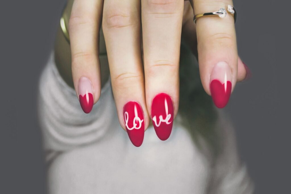 Red and White Manicure With Love Print