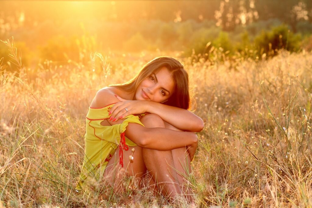 woman, grass, sunset